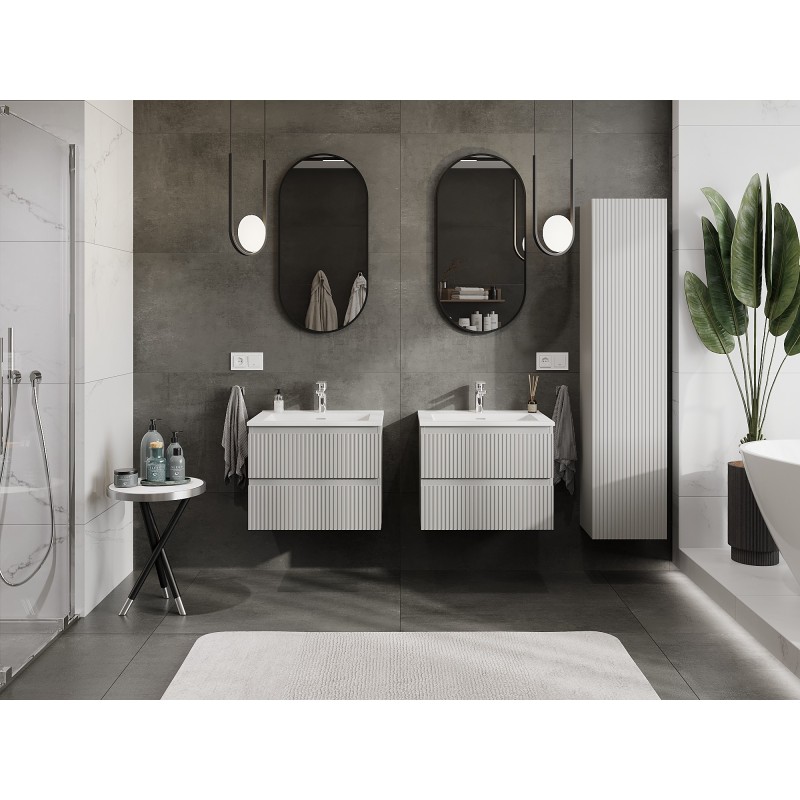 Mexen Rivel vonios spintelė 60 cm su praustuvu Otis, 2 stalčiai, briaunotas, pilka matinė/balta matinė