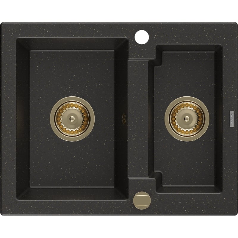 Mexen Carlos 1,5 kamerų granito plautuvė 582 x 475 mm, juoda/auksinė metalo spalva, aukso spalvos sifonas - 6518581500-75-G