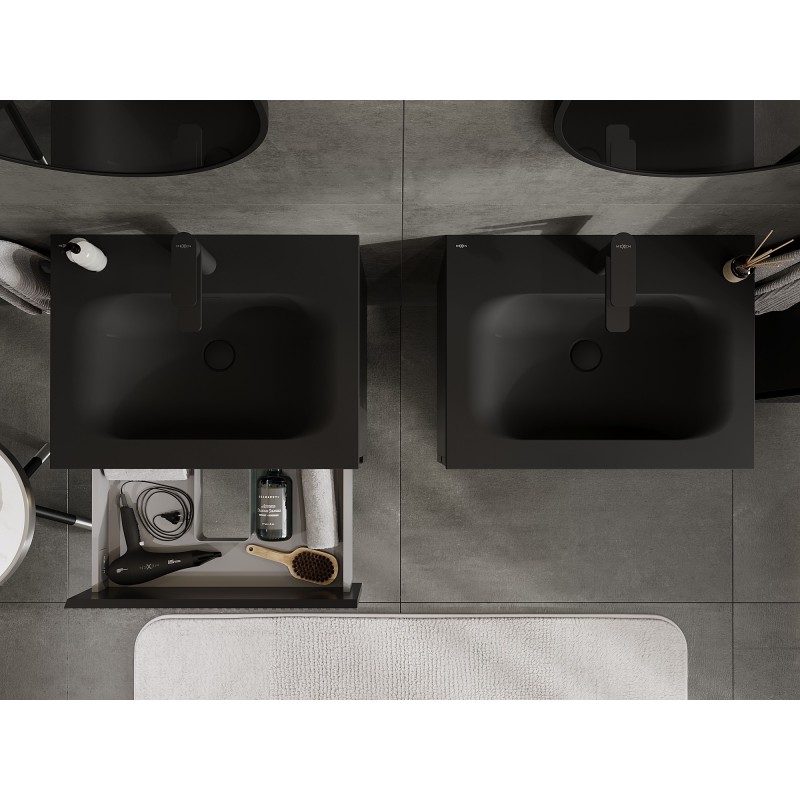 Mexen Rivel vonios spintelė 60 cm su praustuvu Vela, 2 stalčiai, rifliuota, juoda matinė - 91A20-06047-2-BFF71-W23M71