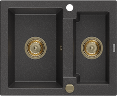 Mexen Carlos granitinė kriauklė 1,5 skyrių 582 x 475 mm, juoda su taškeliais, auksinis sifonas - 6518581500-76-G