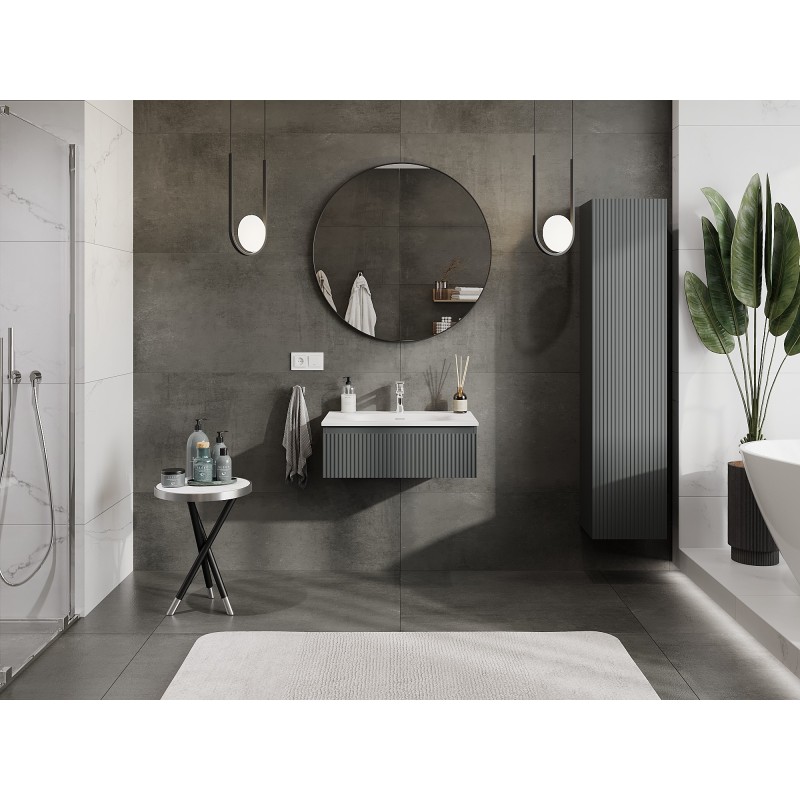 Mexen Rivel vonios kambario spintelė 70 cm su kriaukle Vela, 1 stalčius, rifliuota, grafito matinė/balta matinė