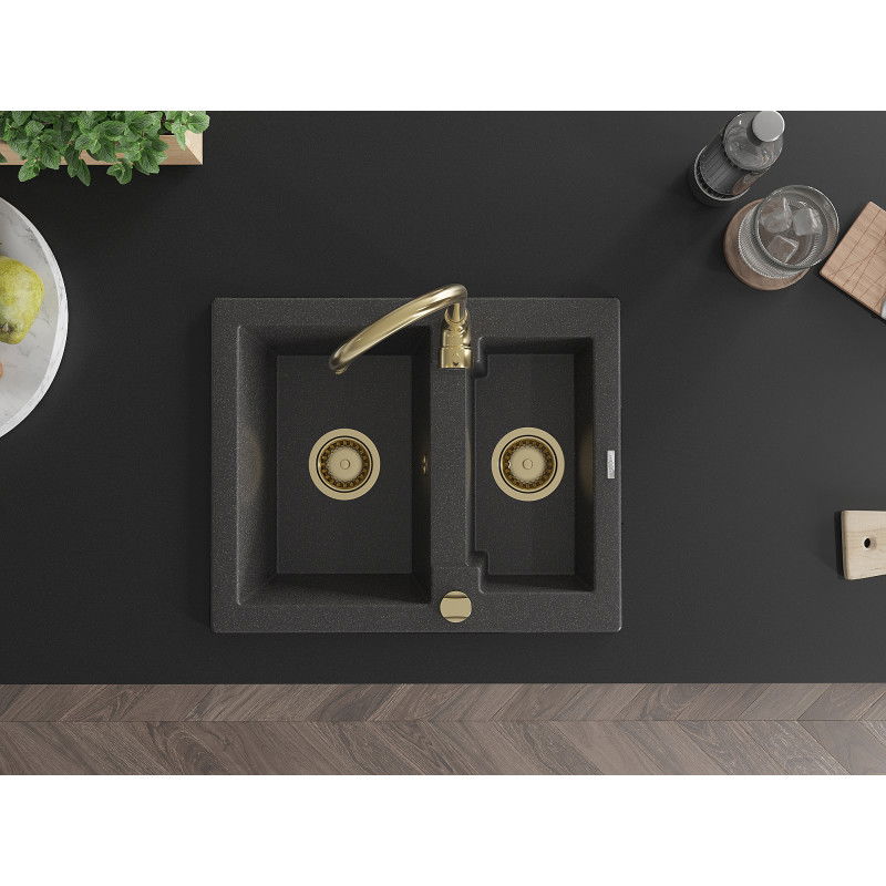 Mexen Carlos granitinė kriauklė 1,5 skyrių 582 x 475 mm, juoda su taškeliais, auksinis sifonas - 6518581500-76-G