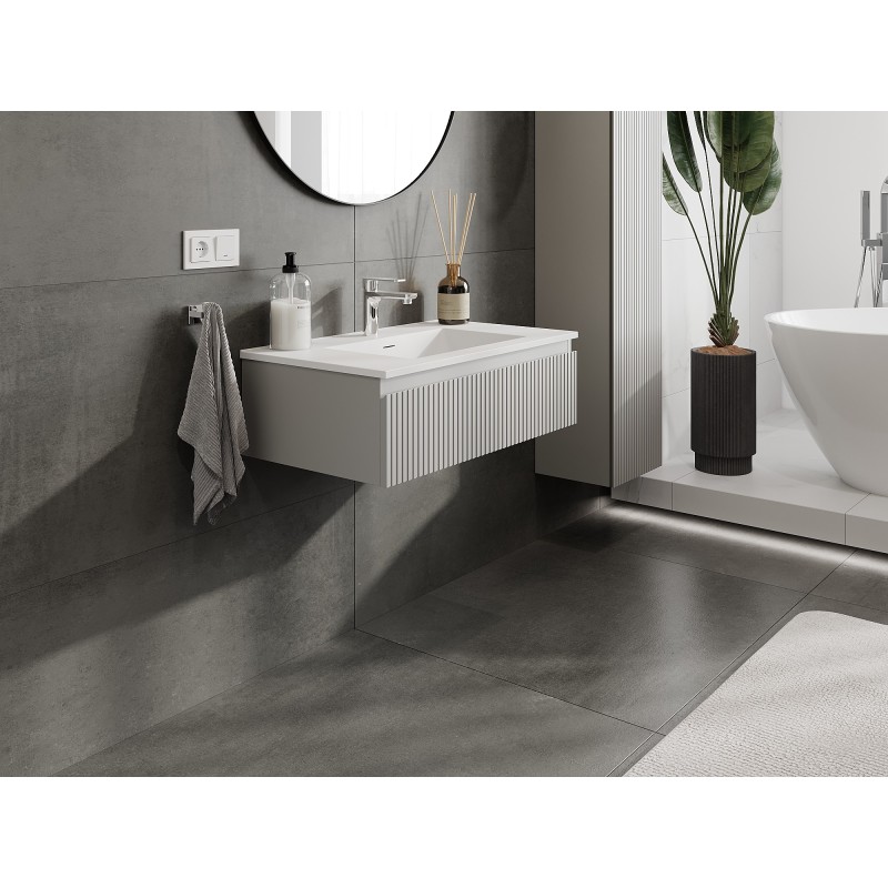 Mexen Rivel vonios spintelė 80 cm su praustuvu Otis, 1 stalčius, grioveliais, pilka matinė / balta matinė