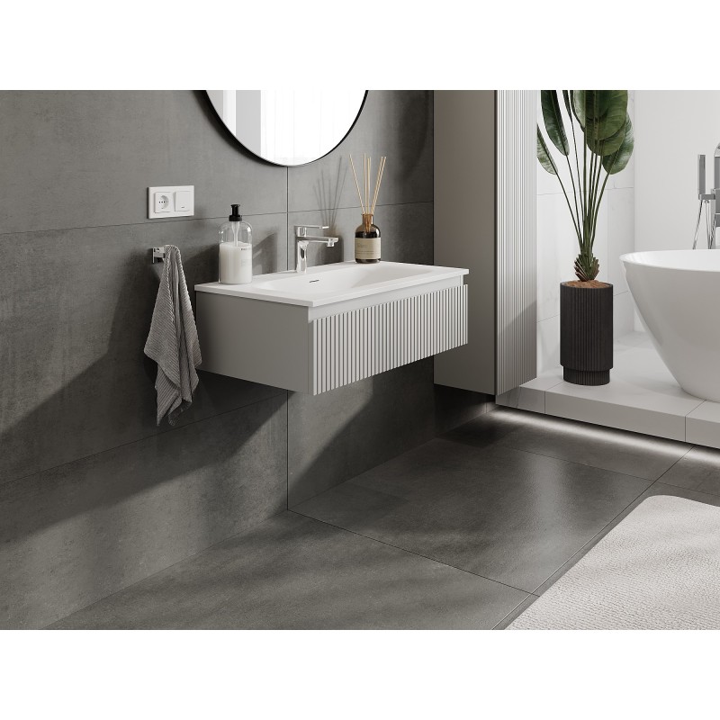 Mexen Rivel vonios spintelė 80 cm su kriaukle Vela, 1 stalčius, rifliuota, pilka matinė/balta matinė