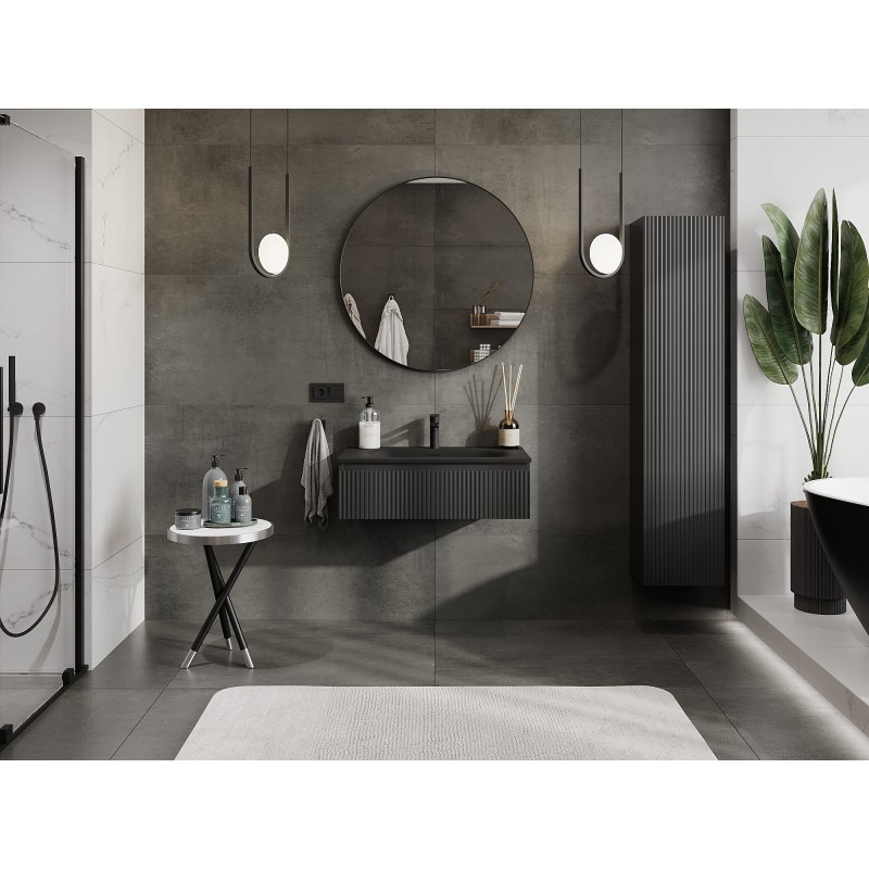 Mexen Rivel vonios kambario spintelė 80 cm su kriaukle Vela, 1 stalčius, grioveliais, juoda matinė - 91A20-08023-1-BF71-W23M71