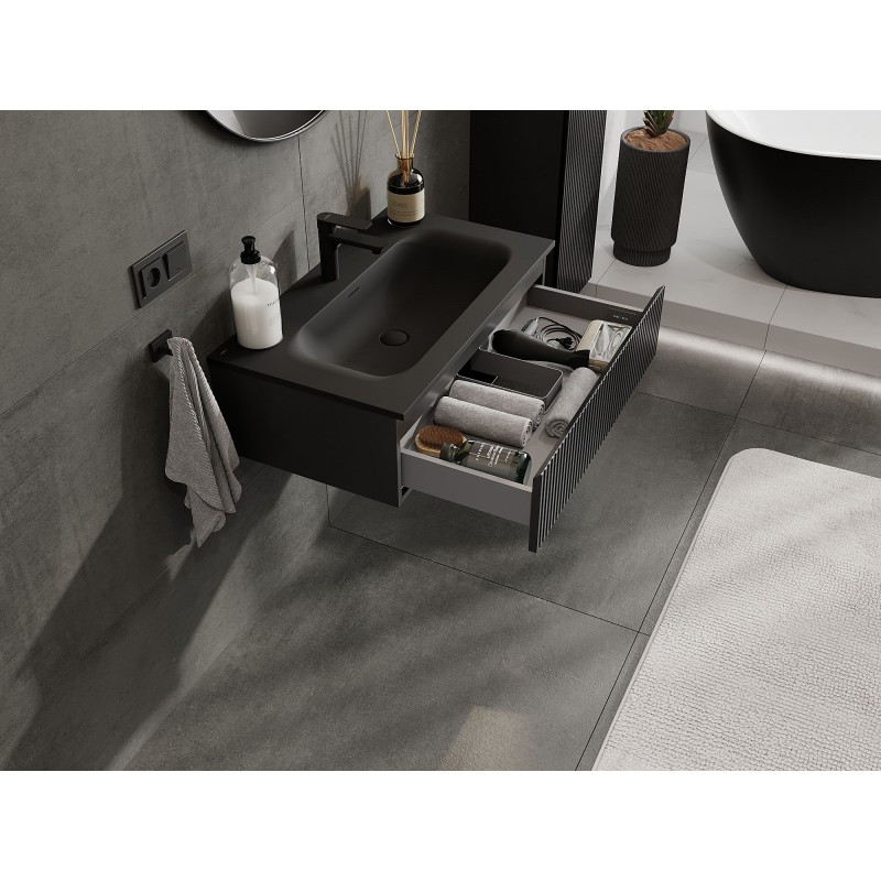 Mexen Rivel vonios kambario spintelė 80 cm su kriaukle Vela, 1 stalčius, grioveliais, juoda matinė - 91A20-08023-1-BF71-W23M71