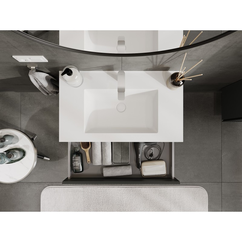 Mexen Rivel vonios spintelė 80 cm su kriaukle Otis, 2 stalčiai, grioveliuota, grafito matinė/balta matinė -