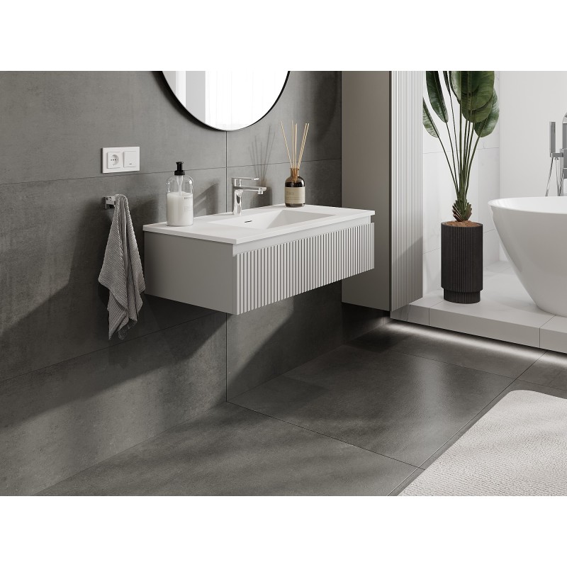 Mexen Rivel Vonios spintelė 90 cm su kriaukle Otis, 1 stalčius, rifliuota, pilka matinė/balta matinė