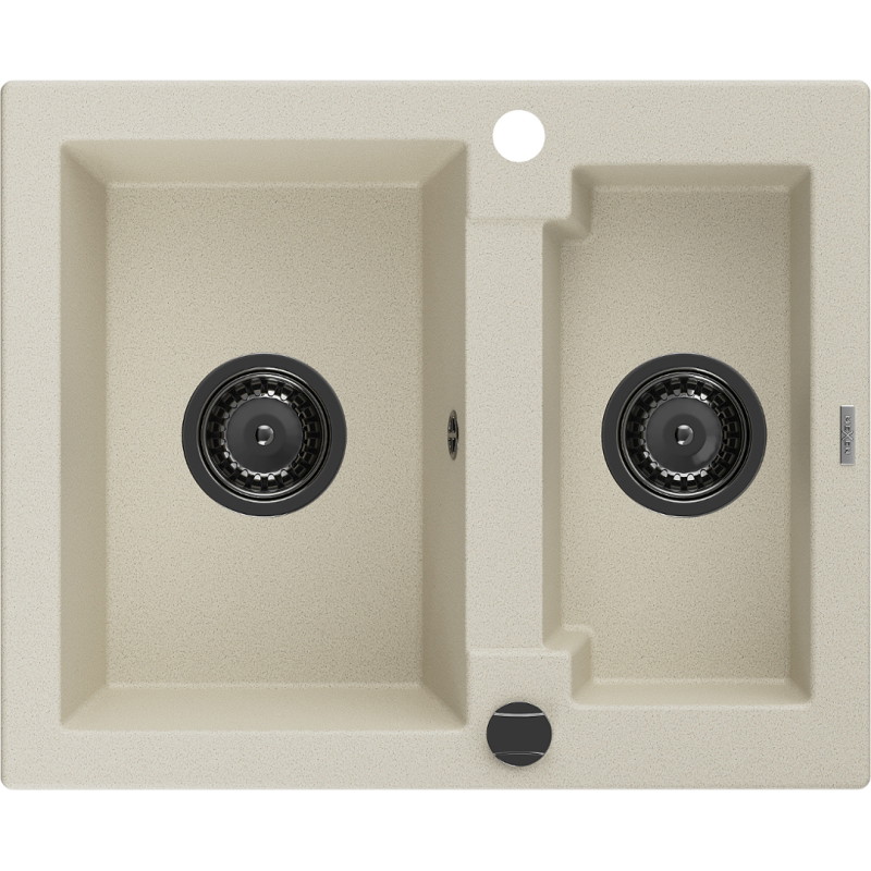 Mexen Carlos 1,5 skylių granito virtuvės kriauklė, 582 x 475 mm, smėlio spalvos, juodas sifonas - 6518581500-69-B