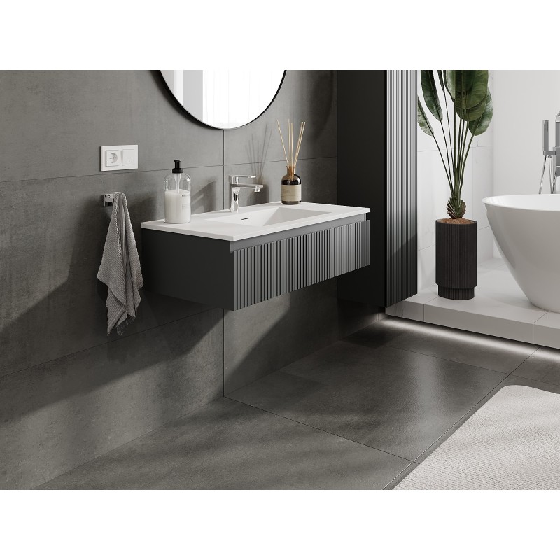 Mexen Rivel vonios spintelė 90 cm su praustuvu Otis, 1 stalčius, grioveliu, grafito matas/baltas matas