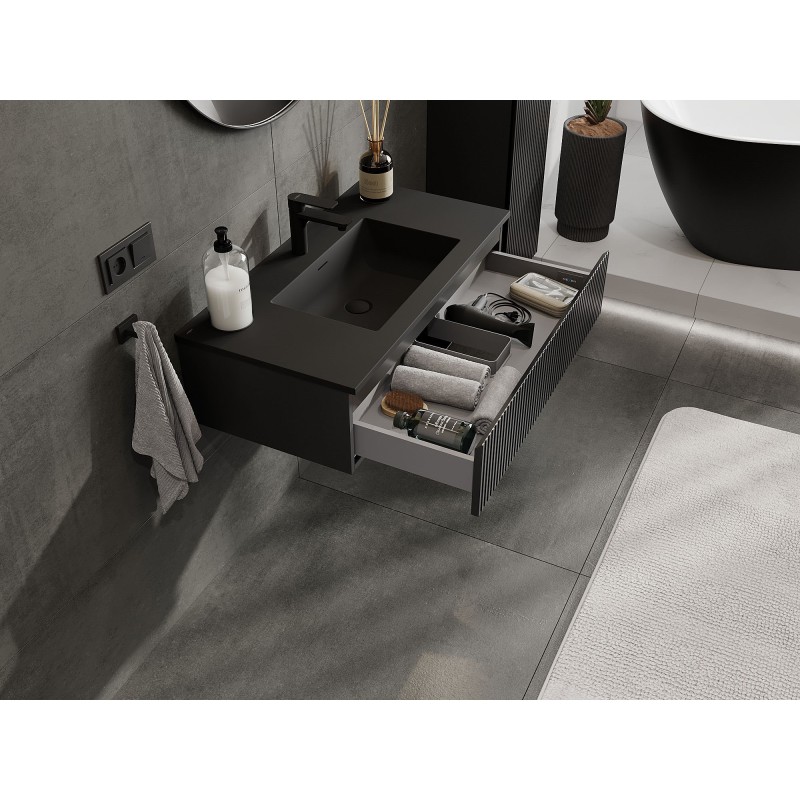 Mexen Rivel vonios spintelė 90 cm su Otis praustuvu, 1 stalčius, rifliuota, juoda matinė - 91A20-09023-1-BF71-W18M71