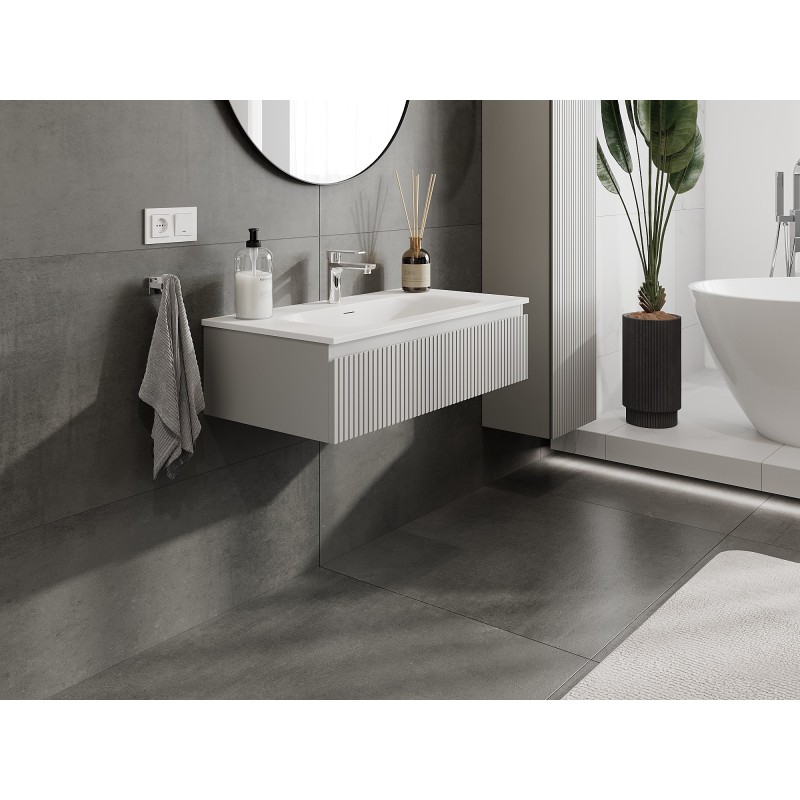 Mexen Rivel vonios spintelė 90 cm su praustuvu Vela, 1 stalčius, gofruota, pilka matinė/balta matinė