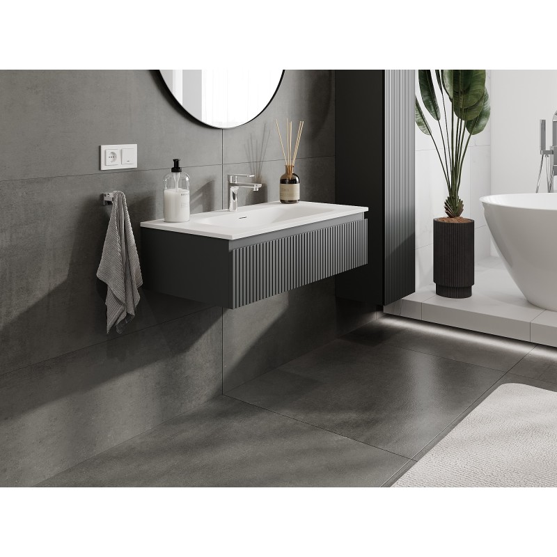 Mexen Rivel vonios spintelė 90 cm su Vela praustuvu, 1 stalčius, gofruota, grafitas matinis/balta matinė