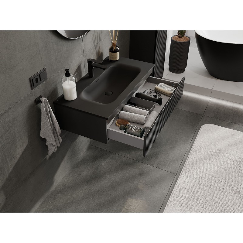 Mexen Rivel vonios spintelė 90 cm su praustuvu Vela, 1 stalčius, grioveliuota, juoda matinė - 91A20-09023-1-BF71-W23M71