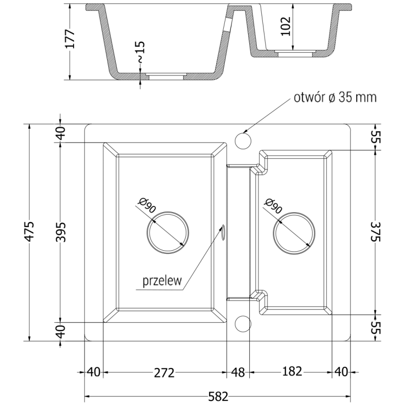 Mexen Carlos granitinė 1,5 kamerų plautuvė 582 x 475 mm, pilka, juodas sifonas - 6518581500-71-B