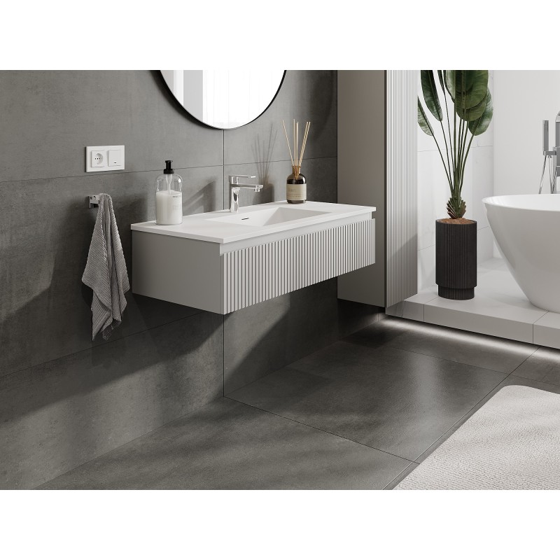 Mexen Rivel vonios spintelė Otis su 100 cm praustuvu, 1 stalčius, rifliuotas, pilkai matinė/baltai matinė