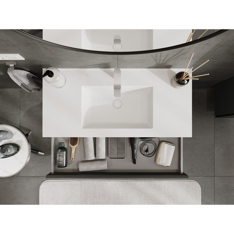 Mexen Rivel vonios spintelė 100 cm su praustuvu Otis, 1 stalčius, gofruotas, matinė grafito/balta - 91A20-10023-1-BF66-W18M01