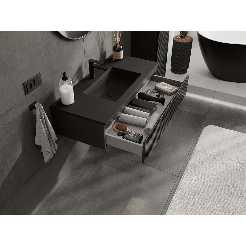 Mexen Rivel vonios spintelė 100 cm su kriaukle Otis, 1 stalčius, rifliuota, juoda matinė - 91A20-10023-1-BF71-W18M71