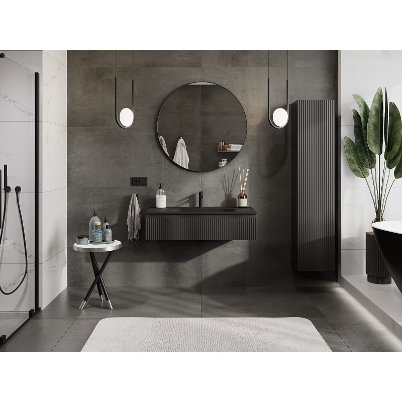 Mexen Rivel vonios spintelė 100 cm su Vela praustuvu, 1 stalčius, rifliuotas, juodas matinis - 91A20-10023-1-BF71-W23M71