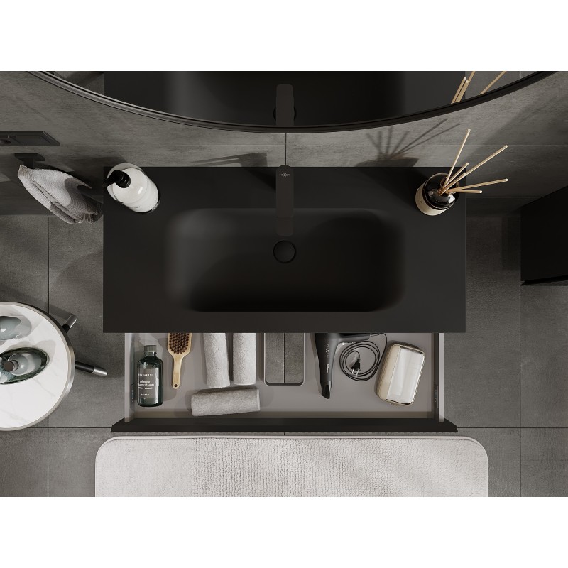 Mexen Rivel vonios spintelė 100 cm su Vela praustuvu, 1 stalčius, rifliuotas, juodas matinis - 91A20-10023-1-BF71-W23M71