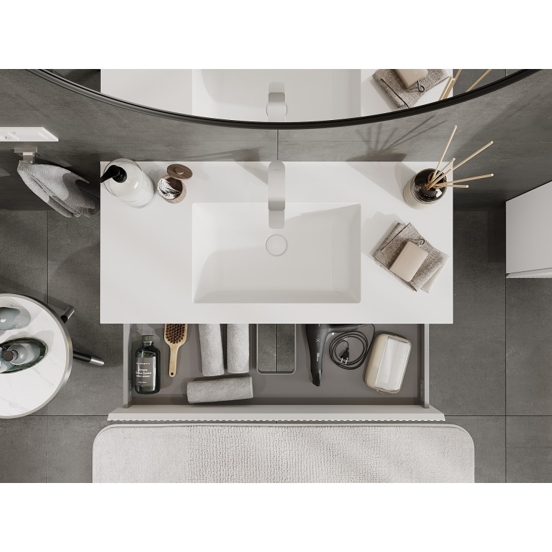 Mexen Rivel vonios kambario spintelė 100 cm su Otis kriaukle, 2 stalčiai, grioveliai, balta matinė - 91A20-10047-2-BFF01-W18M01