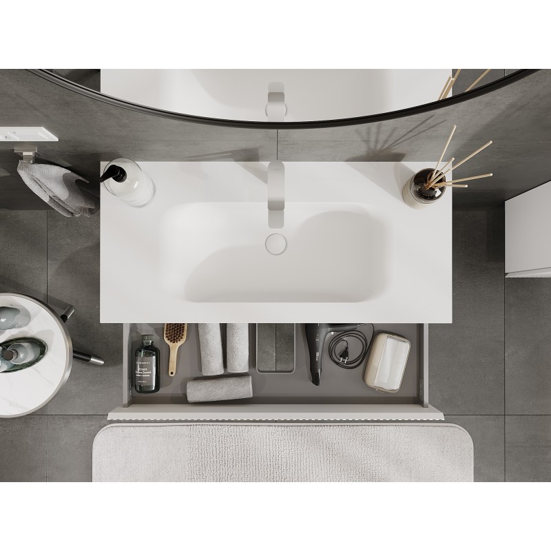 Mexen Rivel vonios kambario spintelė 100 cm su praustuvu Vela, 2 stalčiai, rifliuota, balta matinė - 91A20-10047-2-BFF01-W23M01