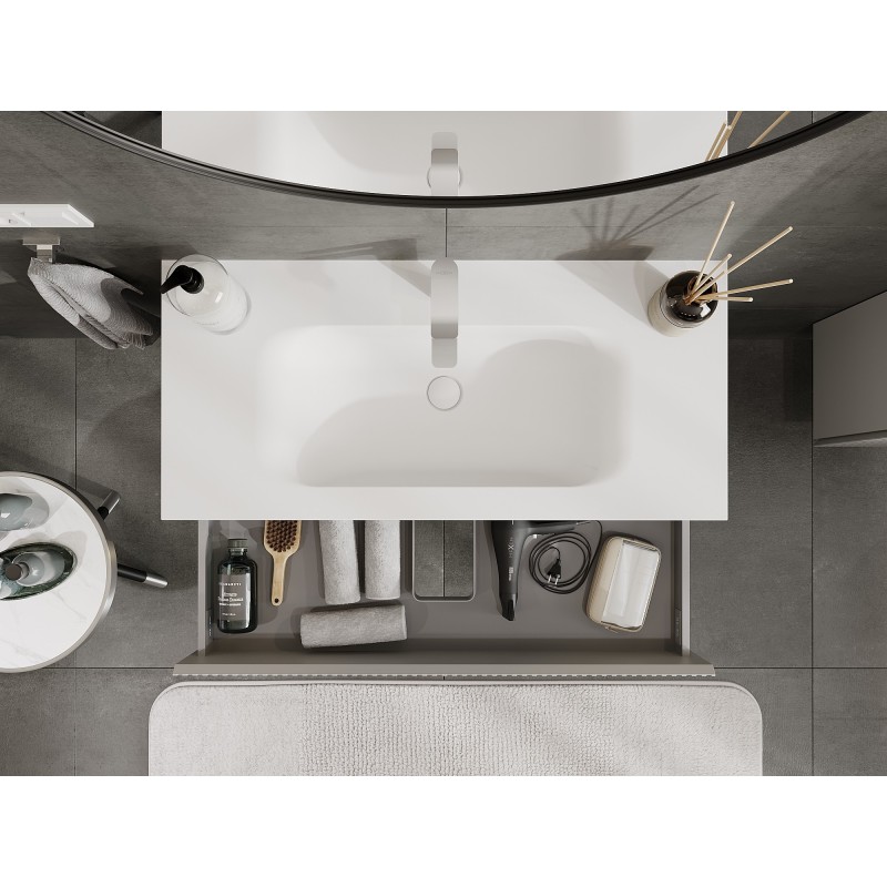 Mexen Rivel vonios spintelė 100 cm su kriaukle Vela, 2 stalčiai, rifliuota, pilka matinė/balta matinė