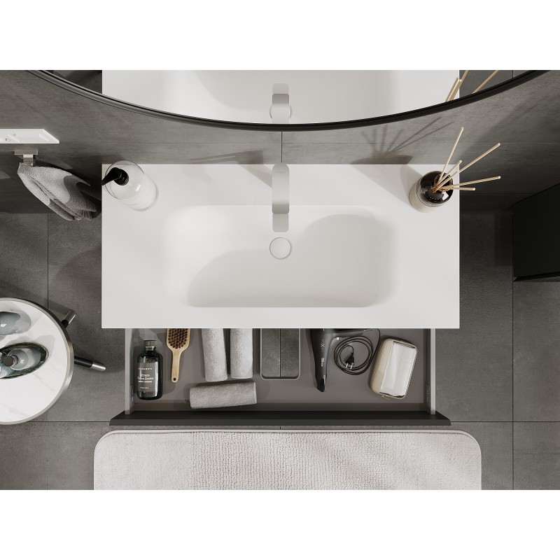 Mexen Rivel vonios spintelė 100 cm su kriaukle Vela, 2 stalčiai, grioveliai, matinė grafito / balta