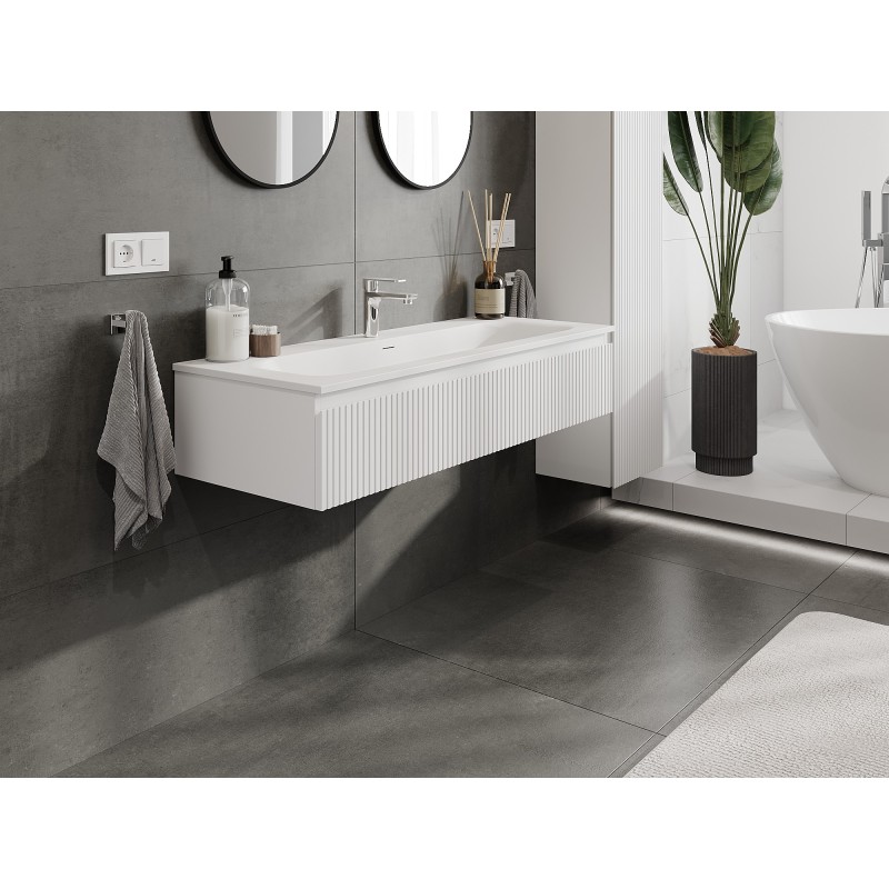 Mexen Rivel vonios kambario spintelė 120 cm su kriaukle Vela, 1 stalčius, rifliuota, balta matinė - 91A20-12023-1-BF01-W23M01