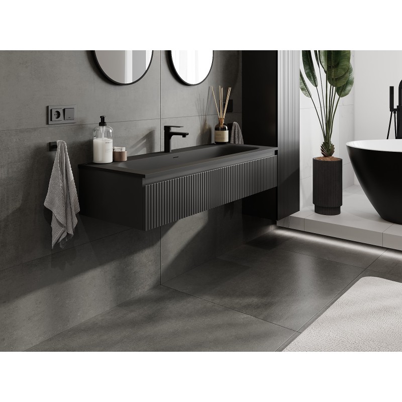 Mexen Rivel vonios spintelė 120 cm su praustuvu Vela, 1 stalčius, rifliuota, juoda matinė - 91A20-12023-1-BF71-W23M71