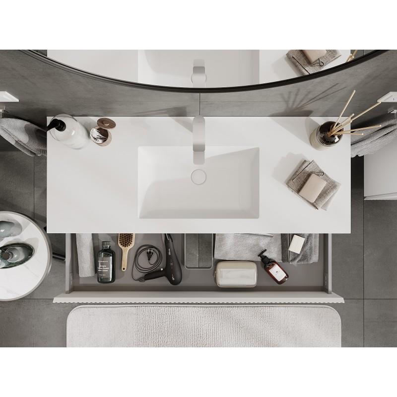 Mexen Rivel vonios kambario spintelė 120 cm su Otis praustuvu, 2 stalčiai, rifliuota, balta matinė - 91A20-12047-2-BFF01-W18M01