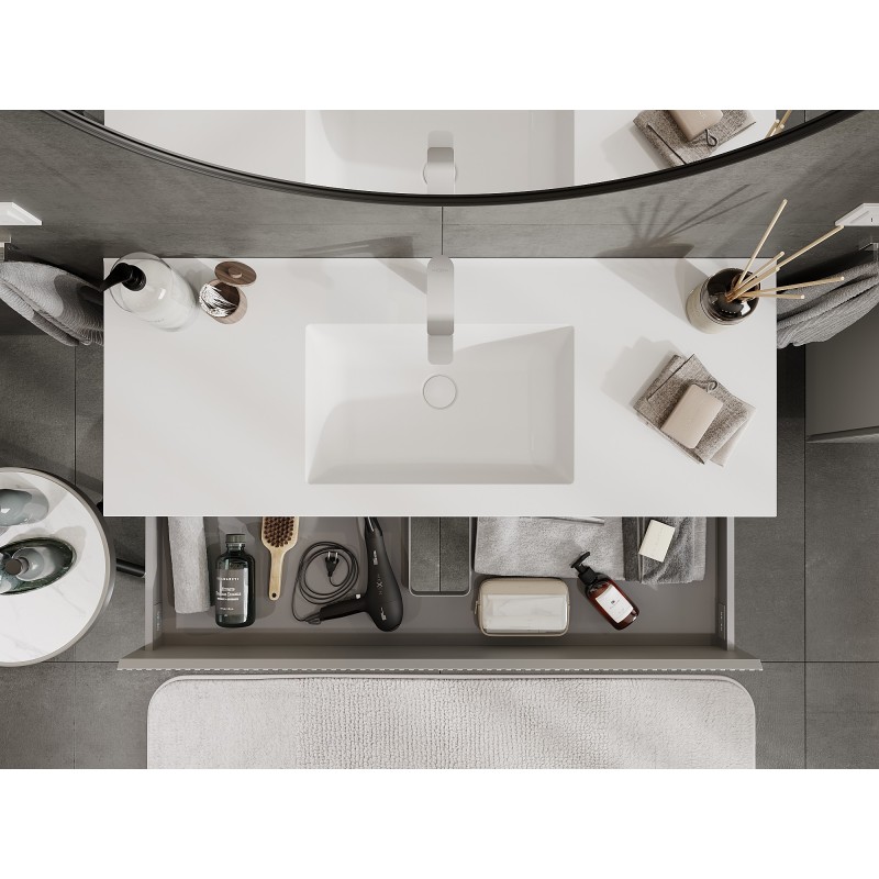 Mexen Rivel vonios spintelė 120 cm su praustuvu Otis, 2 stalčiai, rifliuota, pilka matinė/balta matinė -