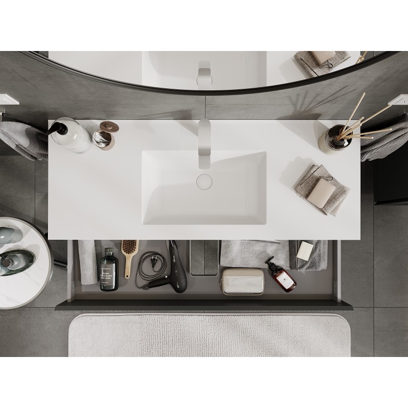 Mexen Rivel vonios spintelė 120 cm su praustuvu Otis, 2 stalčiai, rifliuota, grafito matinė/balta matinė -