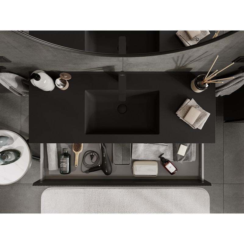 Mexen Rivel vonios kambario spintelė 120 cm su Otis praustuvu, 2 stalčiai, rifliuota, juoda matinė - 91A20-12047-2-BFF71-W18M71