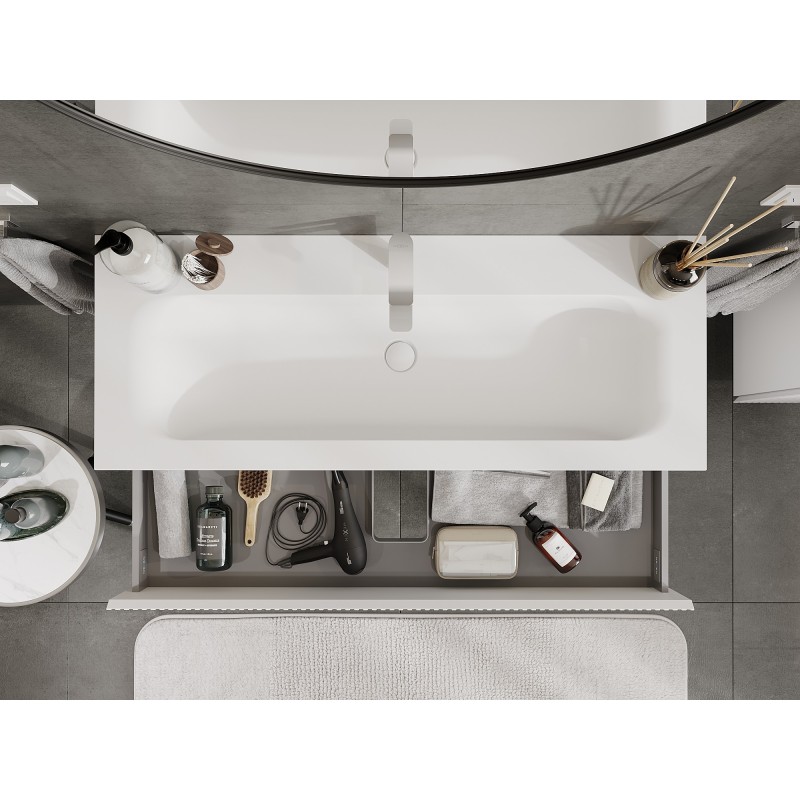 Mexen Rivel vonios kambario spintelė 120 cm su Vela praustuvu, 2 stalčiai, griovelis, balta matinė - 91A20-12047-2-BFF01-W23M01