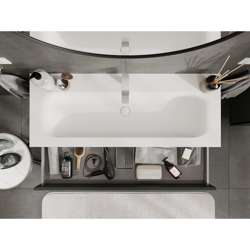 Mexen Rivel vonios spintelė 120 cm su praustuvu Vela, 2 stalčiai, rifliuota, grafitas matinis/balta matinė -