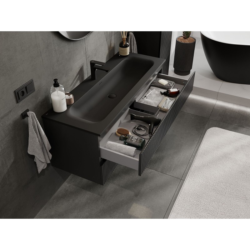 Mexen Rivel vonios spintelė 120 cm su kriaukle Vela, 2 stalčiai, grioveliuota, juoda matinė - 91A20-12047-2-BFF71-W23M71