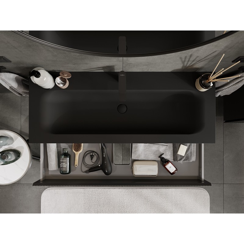 Mexen Rivel vonios spintelė 120 cm su kriaukle Vela, 2 stalčiai, grioveliuota, juoda matinė - 91A20-12047-2-BFF71-W23M71