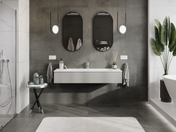 Mexen Rivel vonios spintele 140 cm su kriaukle Vela, 1 stalčius, grioveliais, pilka matinė/balta matinė