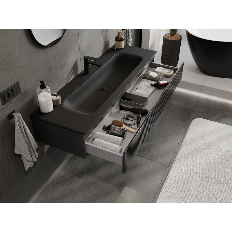 Mexen Rivel vonios kambario spintelė 140 cm su praustuvu Vela, 1 stalčius, rifliuota, juoda matinė - 91A20-14023-1-BF71-W23M71