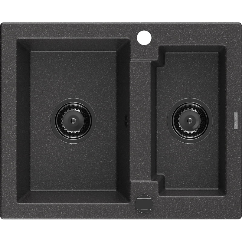 Mexen Carlos granito kriauklė su 1,5 skyriumi 582 x 475 mm, juoda su dėmelėmis, juodas sifonas - 6518581500-76-B