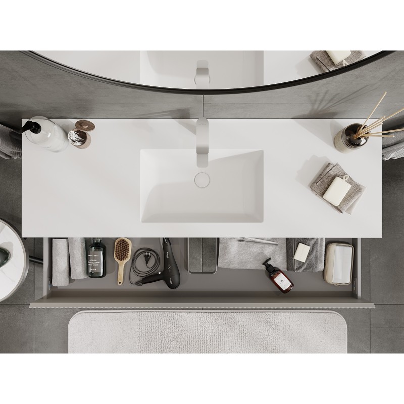 Mexen Rivel 140 cm vonios kambario spintelė su kriaukle Otis, 2 stalčiai, grioveliai, pilka matinė / balta matinė -