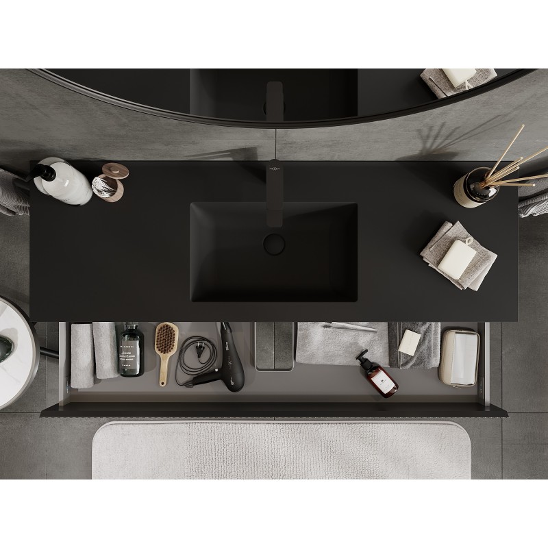 Mexen Rivel vonios spintelė 140 cm su Otis praustuvu, 2 stalčiai, rievuota, juoda matinė - 91A20-14047-2-BFF71-W18M71