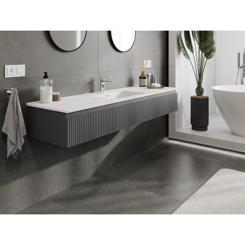 Mexen Rivel vonios spintelė 160 cm su kriaukle Otis, 1 stalčius, rifliuota, grafito matinė/balta matinė -