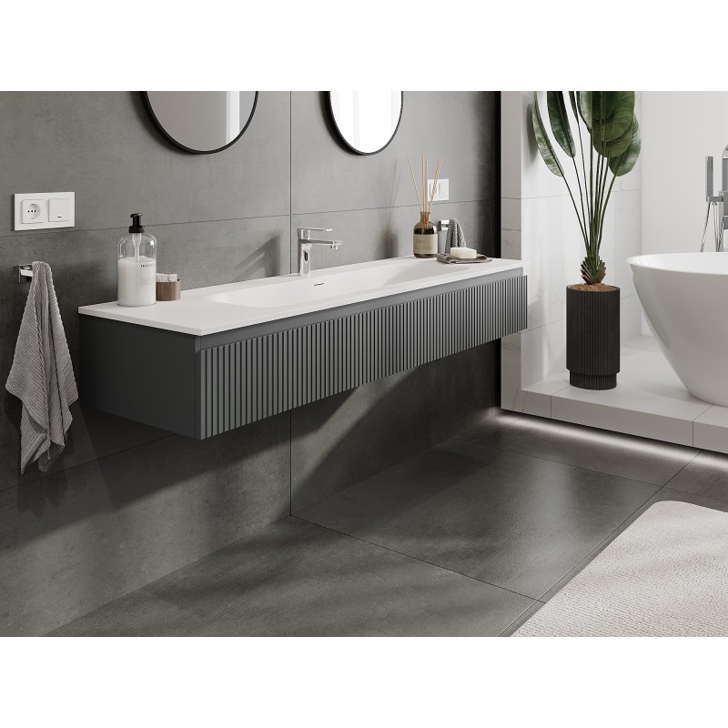 Mexen Rivel vonios kambario spintelė 160 cm su praustuvu Vela, 1 stalčius, grioveliais, grafito mat/balta mat -