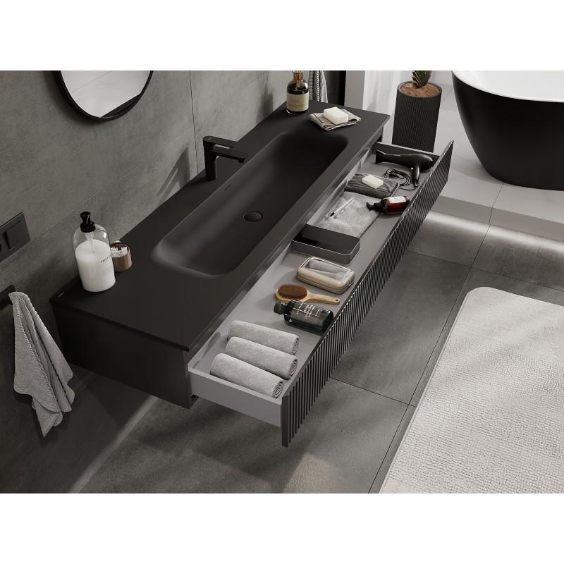 Mexen Rivel vonios spintelė su praustuvu Vela, 160 cm, 1 stalčius, rifliuota, juoda matinė - 91A20-16023-1-BF71-W23M71