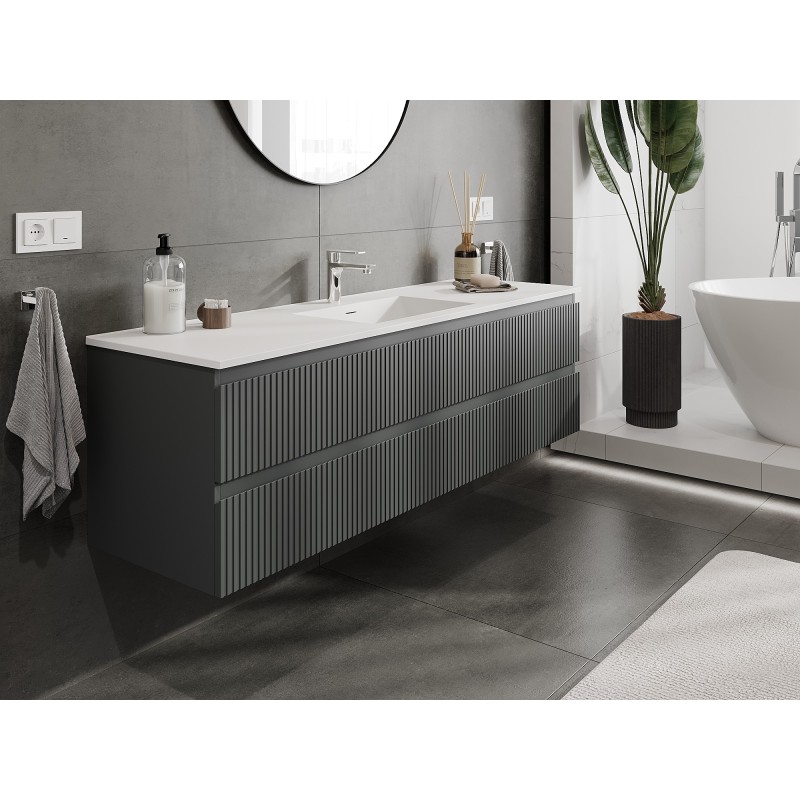 Mexen Rivel vonios spintelė 160 cm su praustuvu Otis, 2 stalčiai, grioveliais, grafito matinė/balta matinė -