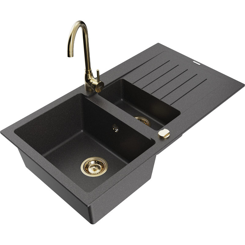 Mexen Matias granitinė 1,5 kamerelių kriauklė su nusausintuvu ir virtuvės maišytuvu Telma, juoda dėmėta