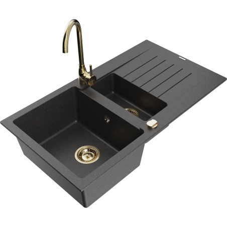 Mexen Matias granitinė 1,5 kamerelių kriauklė su nusausintuvu ir virtuvės maišytuvu Telma, juoda dėmėta