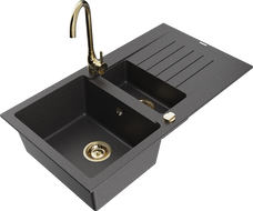 Mexen Matias granitinė 1,5 kamerelių kriauklė su nusausintuvu ir virtuvės maišytuvu Telma, juoda dėmėta